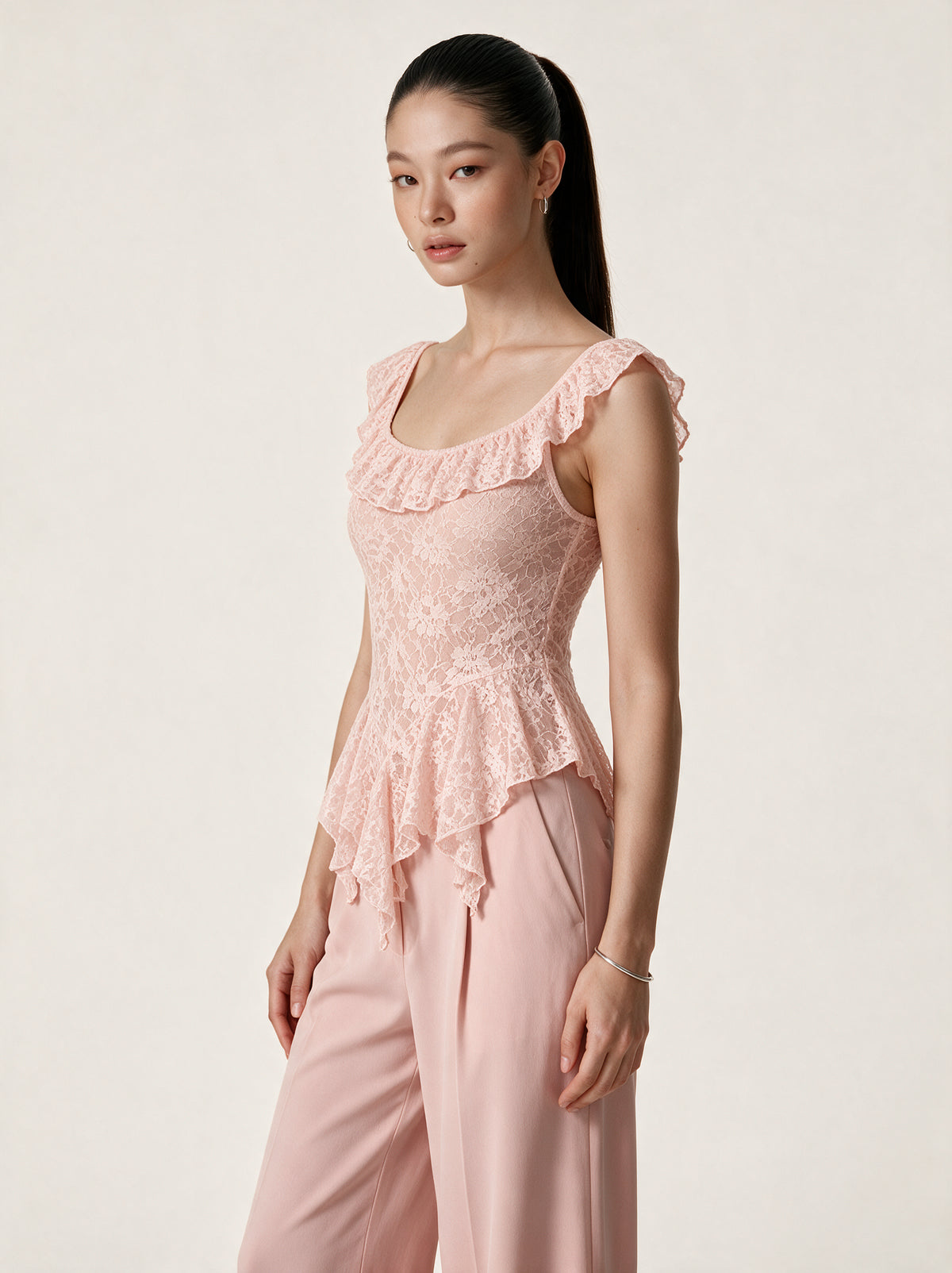 Valeria Cascading Ruffle Top - Blush — model full body