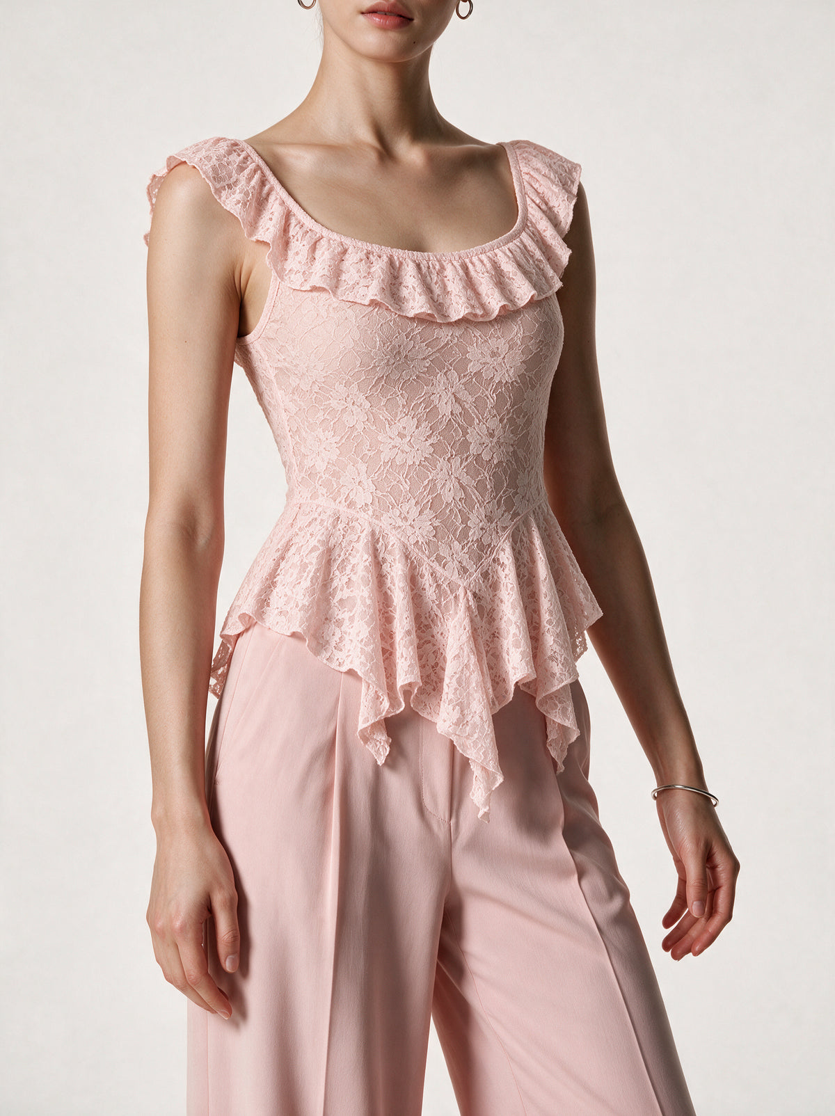 Valeria Cascading Ruffle Top - Blush — model side detail