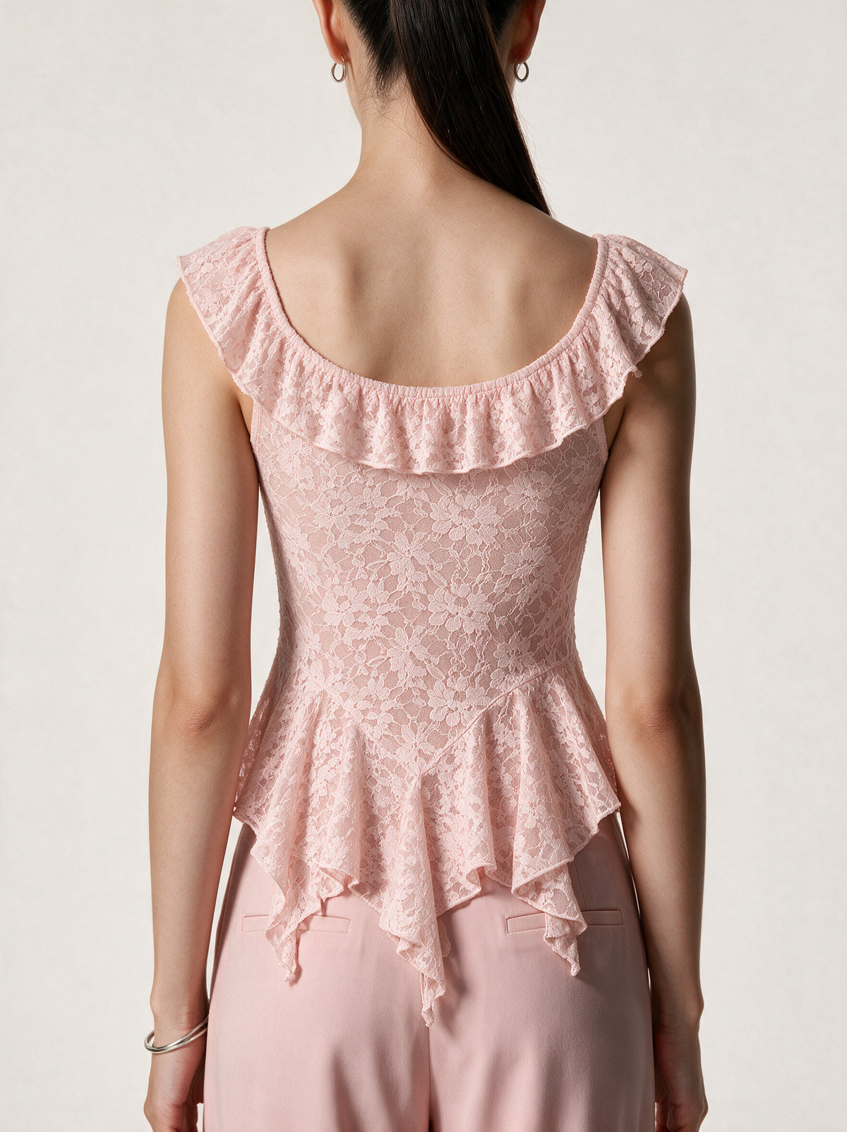 Valeria Cascading Ruffle Top - Blush — model back view