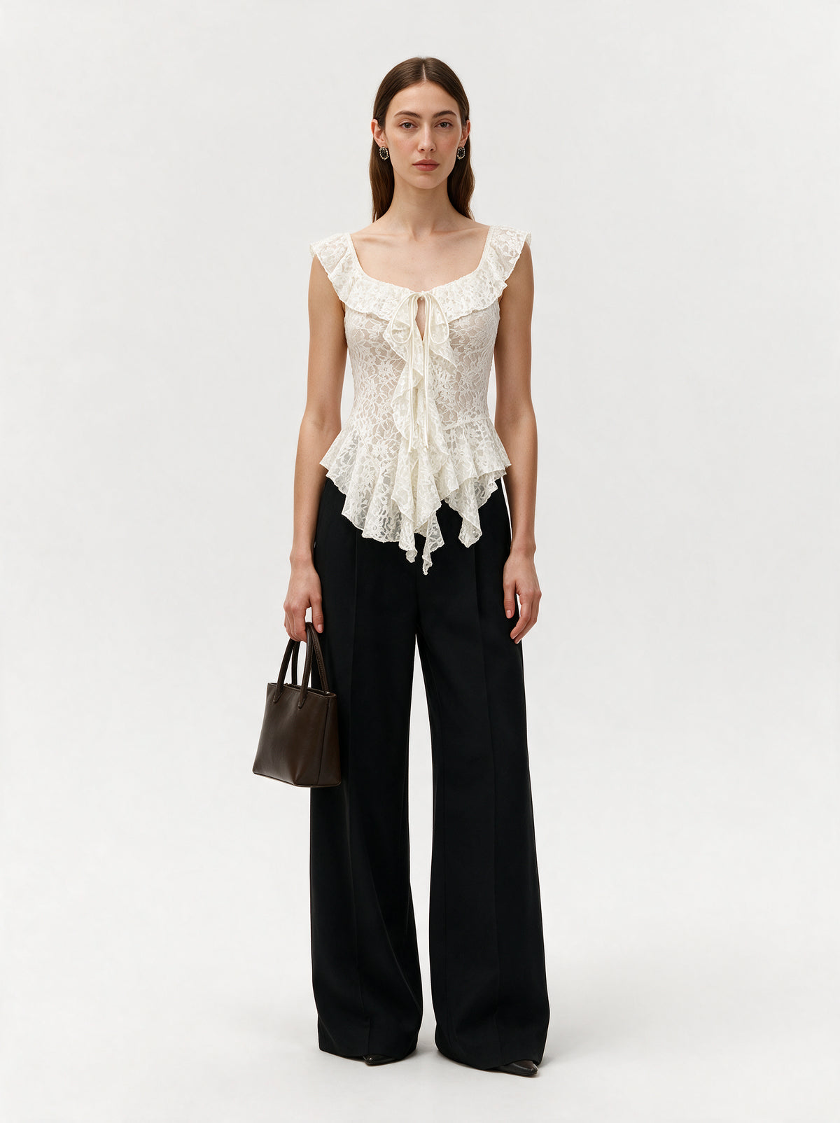 Valeria Cascading Ruffle Top - White — model full body