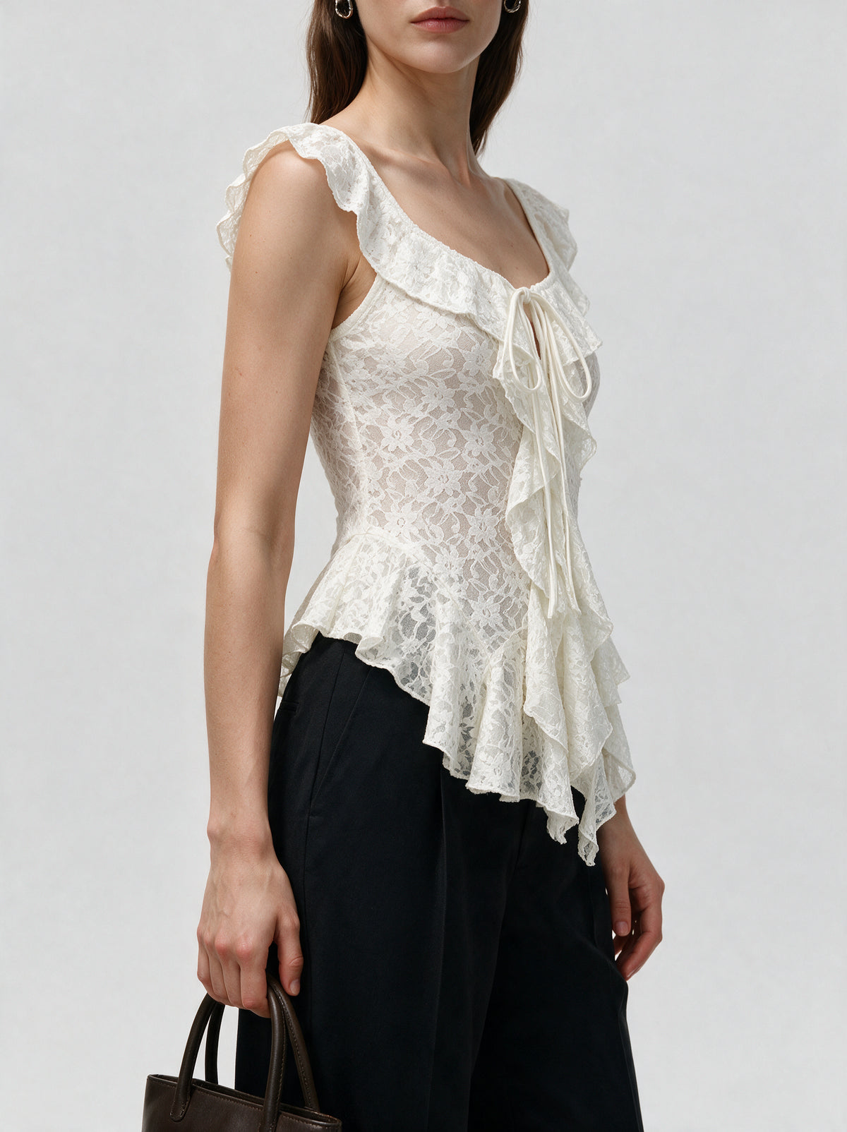 Valeria Cascading Ruffle Top - White — model side detail