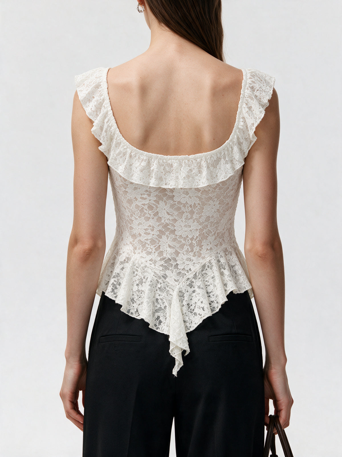 Valeria Cascading Ruffle Top - White — model back view