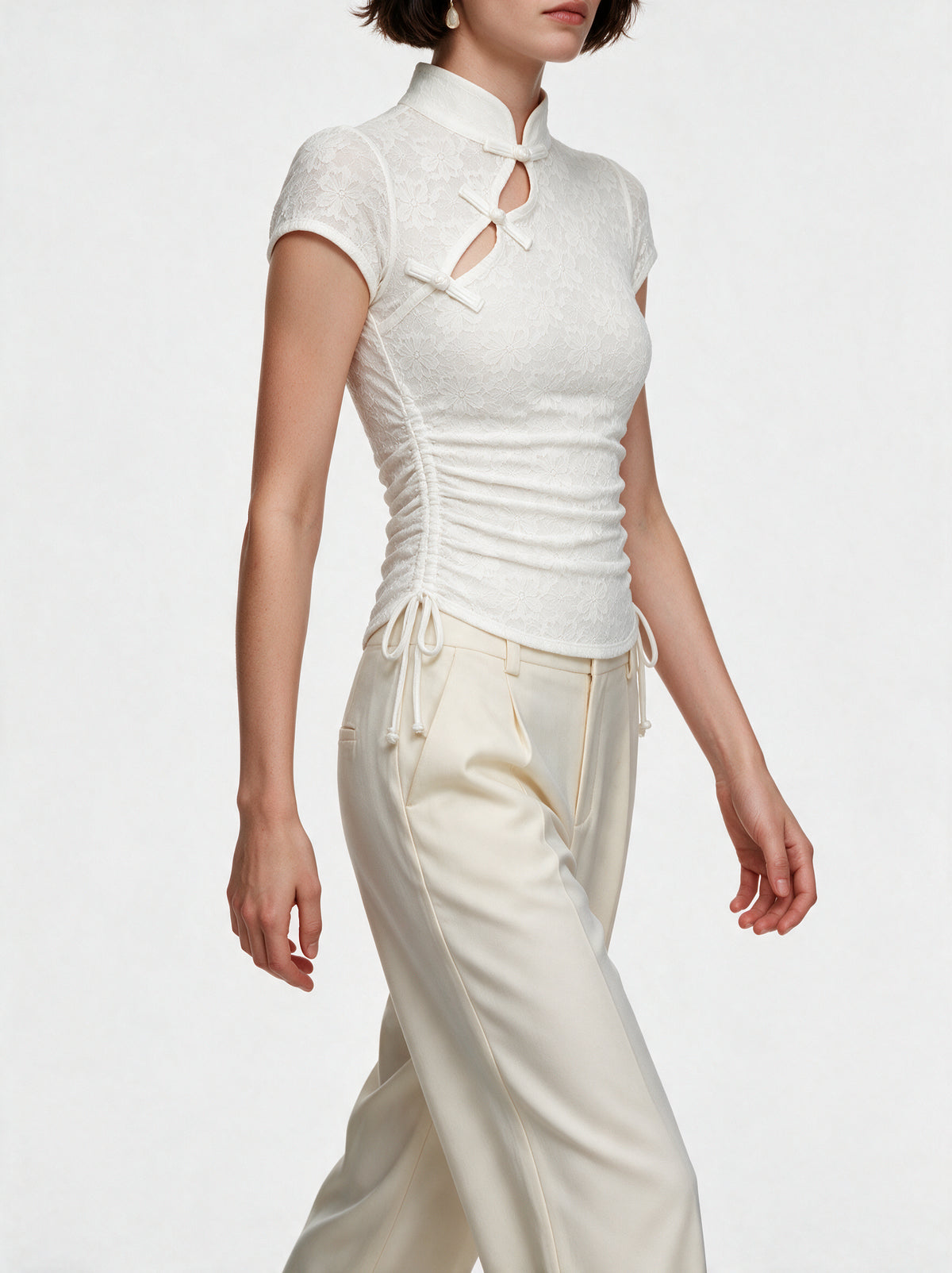 Valeria Cinched Ruched Top - Ivory — model side detail