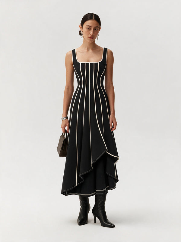Valeria Contrast Panel Midi Dress - Black Ivory — model full body