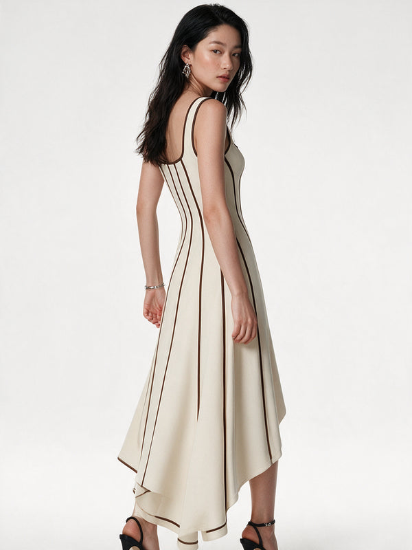 Valeria Contrast Panel Midi Dress - Ivory Brown — model full body