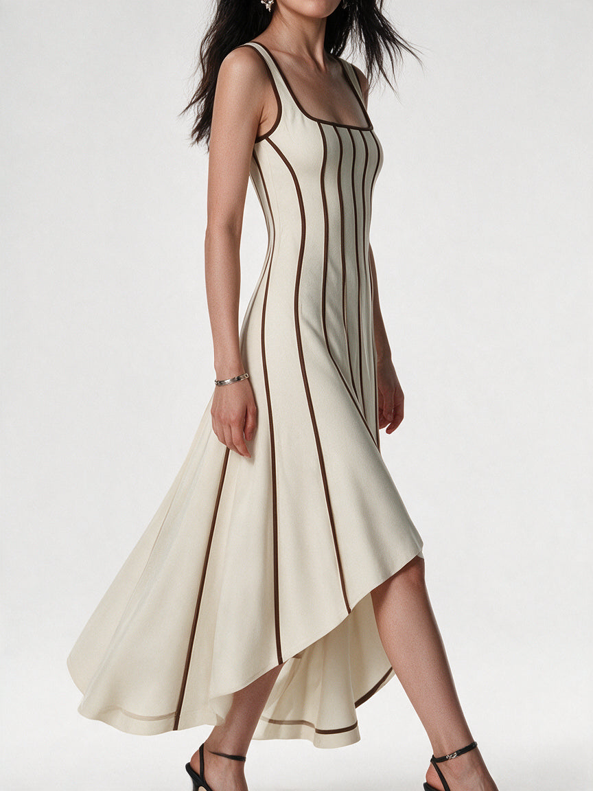 Valeria Contrast Panel Midi Dress - Ivory Brown — model side detail