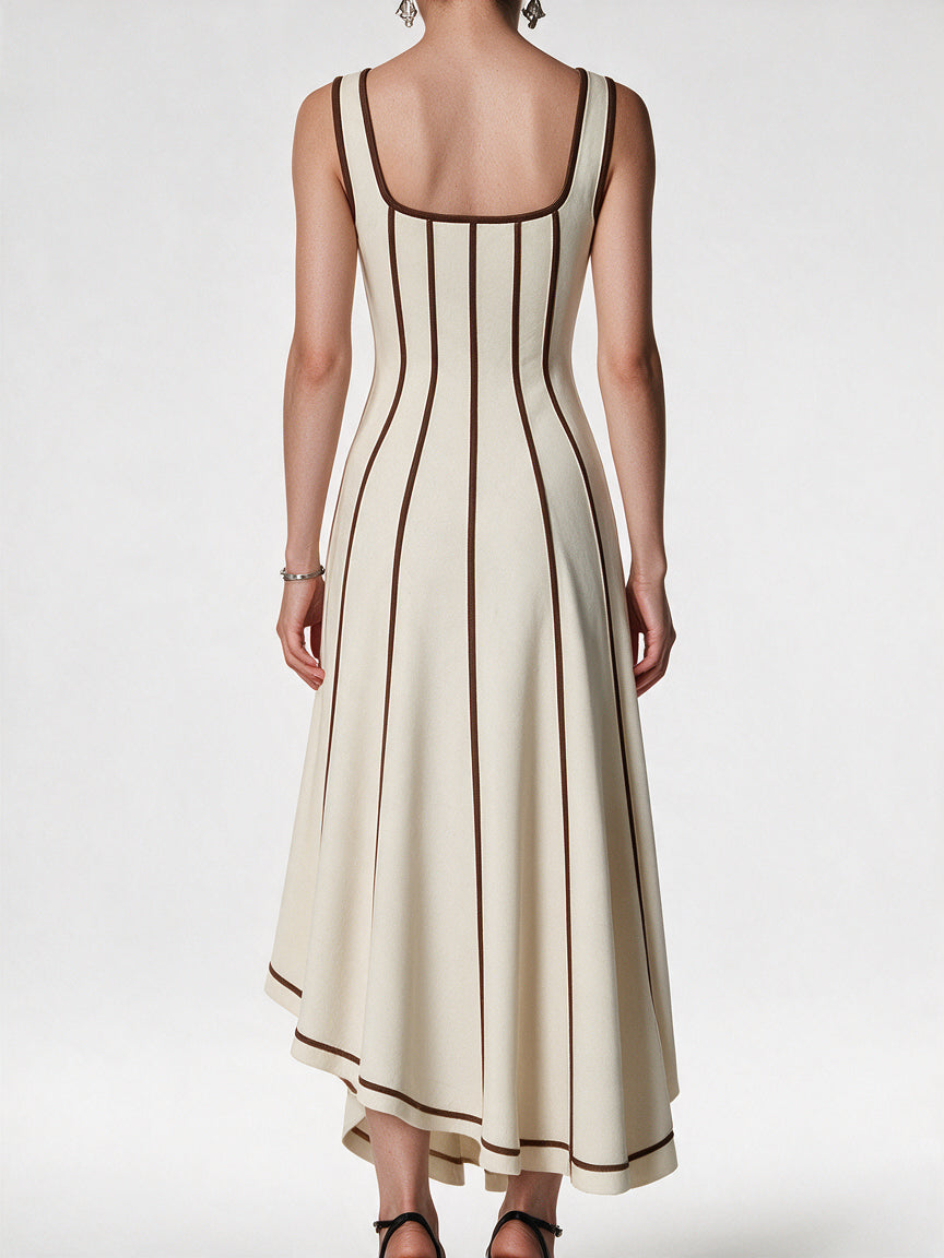 Valeria Contrast Panel Midi Dress - Ivory Brown — model back view