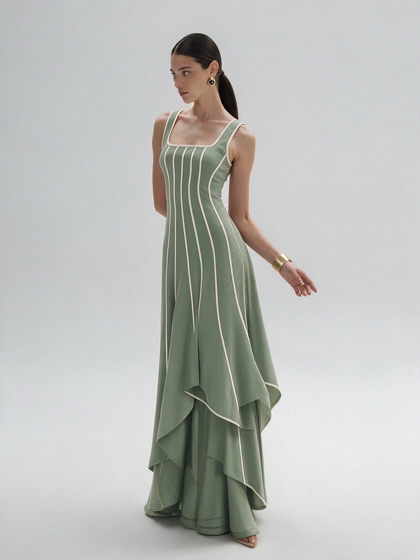Valeria Contrast Panel Midi Dress - Sage Ivory — model full body