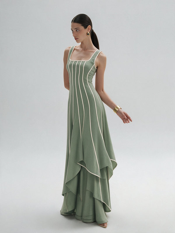 Valeria Contrast Panel Midi Dress - Sage Ivory — model full body