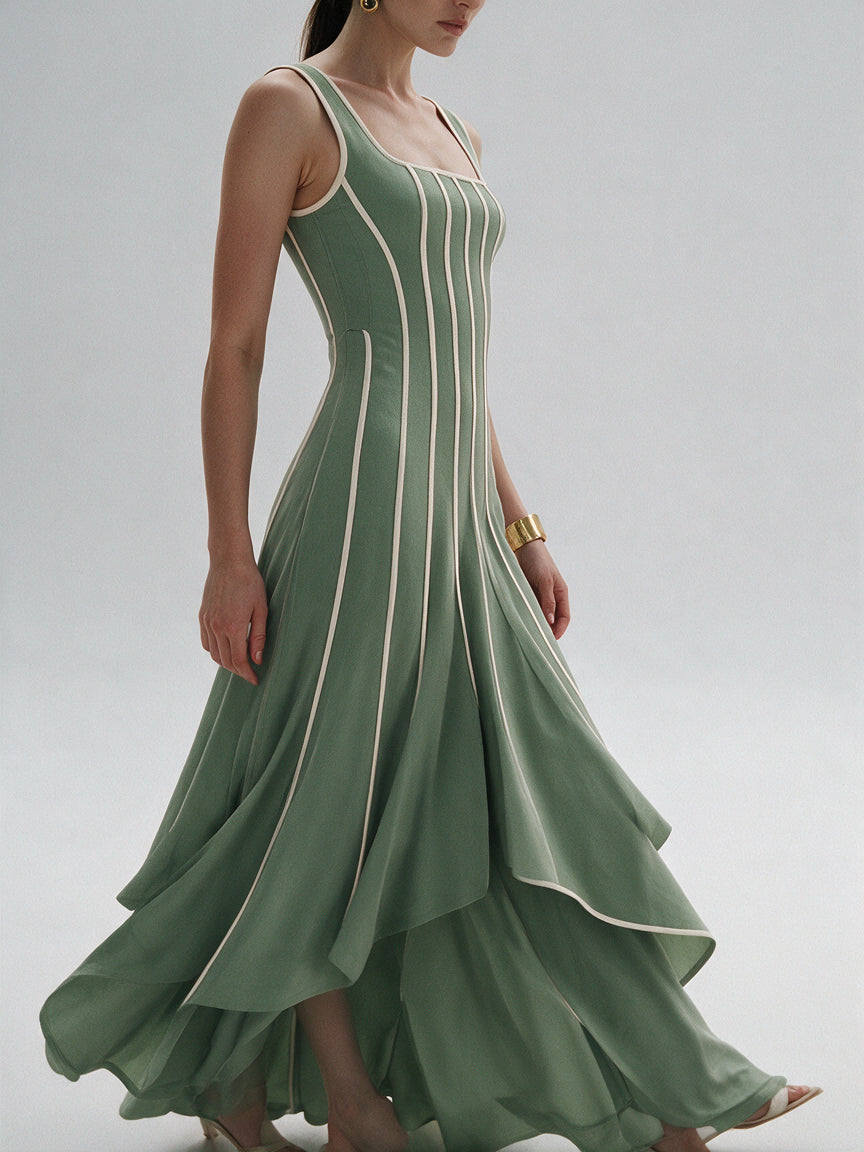 Valeria Contrast Panel Midi Dress - Sage Ivory — model side detail