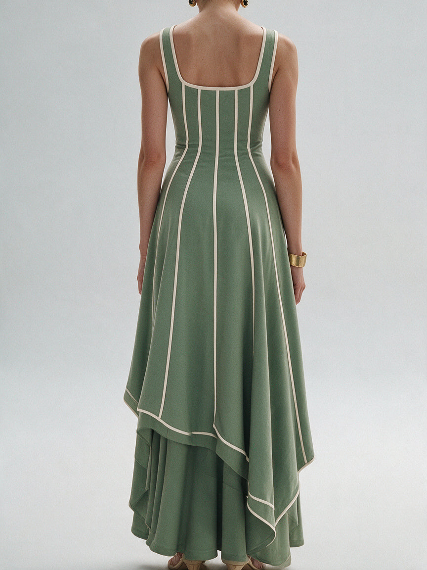 Valeria Contrast Panel Midi Dress - Sage Ivory — model back view
