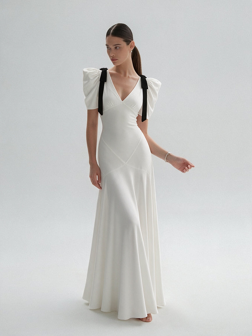 Valeria Contrast Panel V Maxi Dress - White — model full body