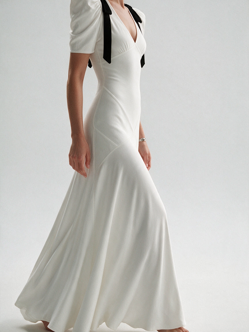 Valeria Contrast Panel V Maxi Dress - White — model side detail