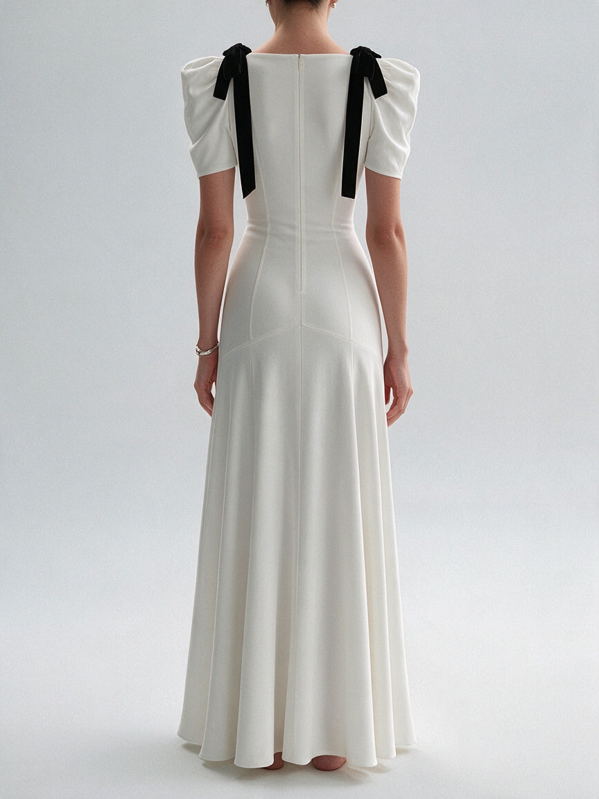 Valeria Contrast Panel V Maxi Dress - White — model back view