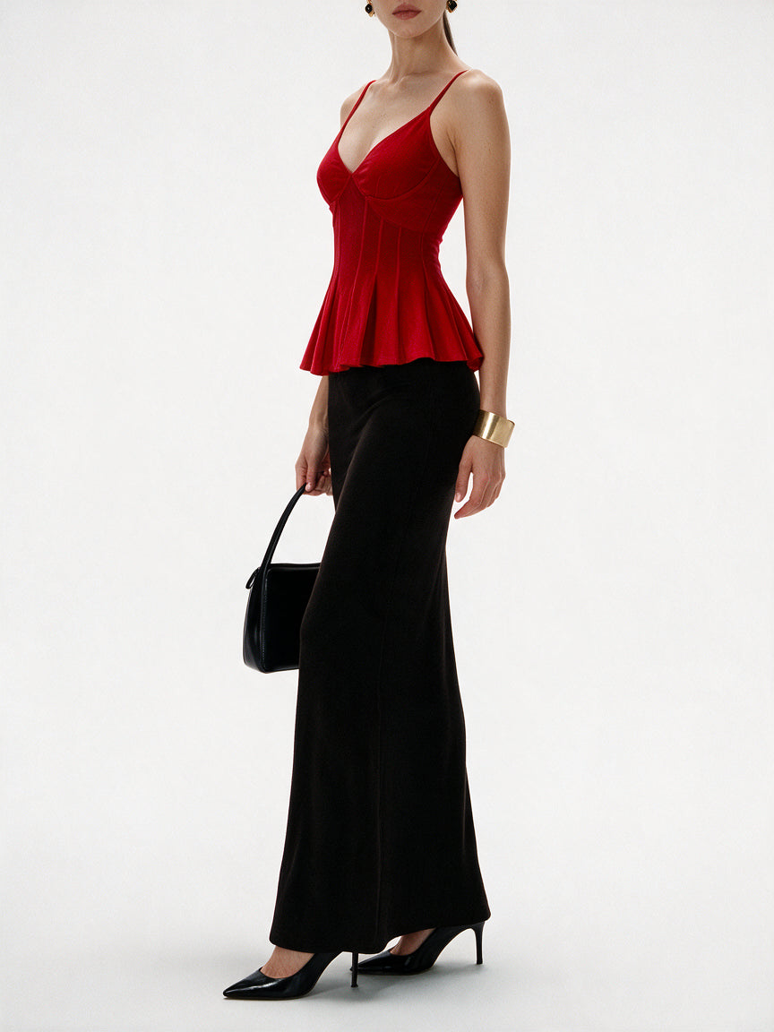 Valeria Corset Peplum Cami Top - Scarlet Red — model side detail