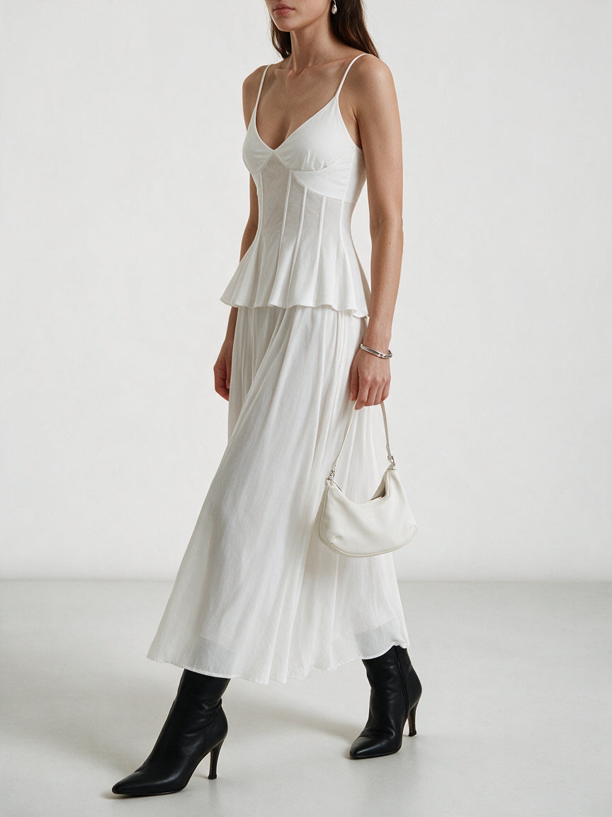 Valeria Corset Peplum Cami Top - White — model side detail