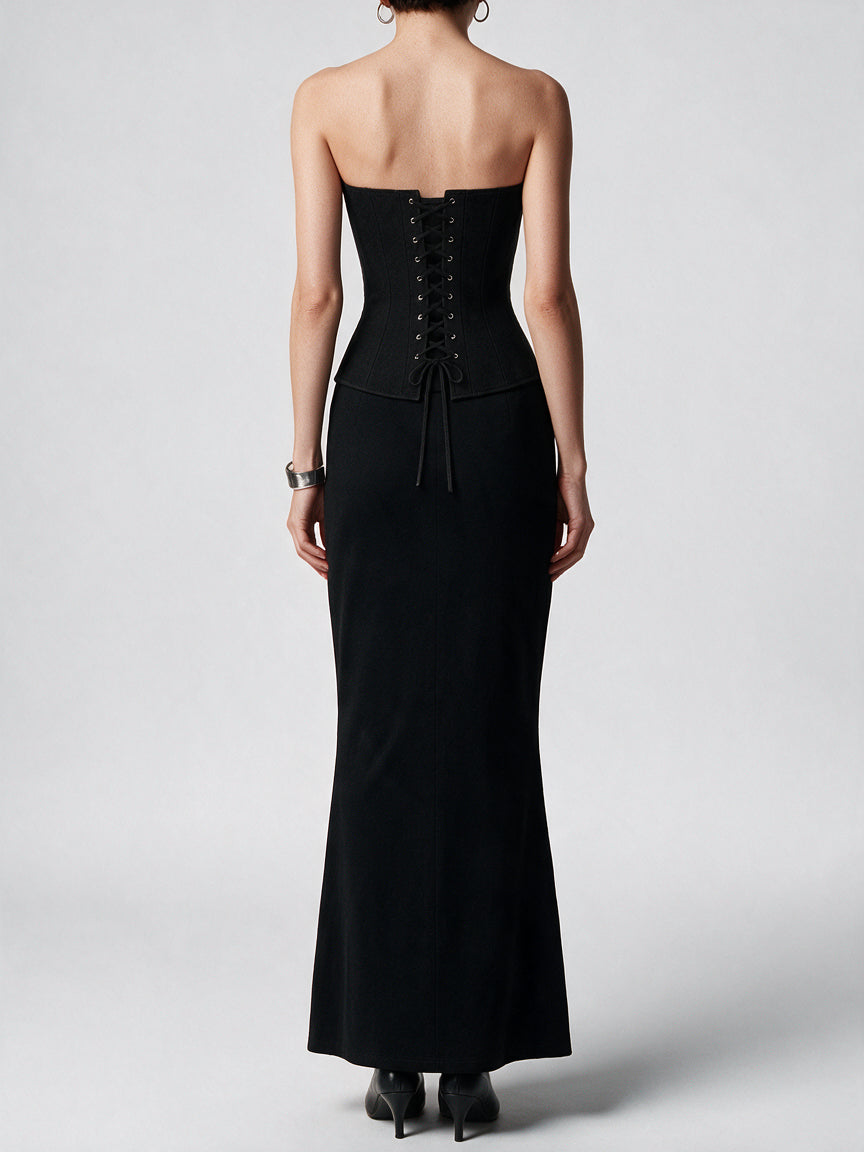 Valeria Cross Embellished Lace-Up Corset - Noir — model back view