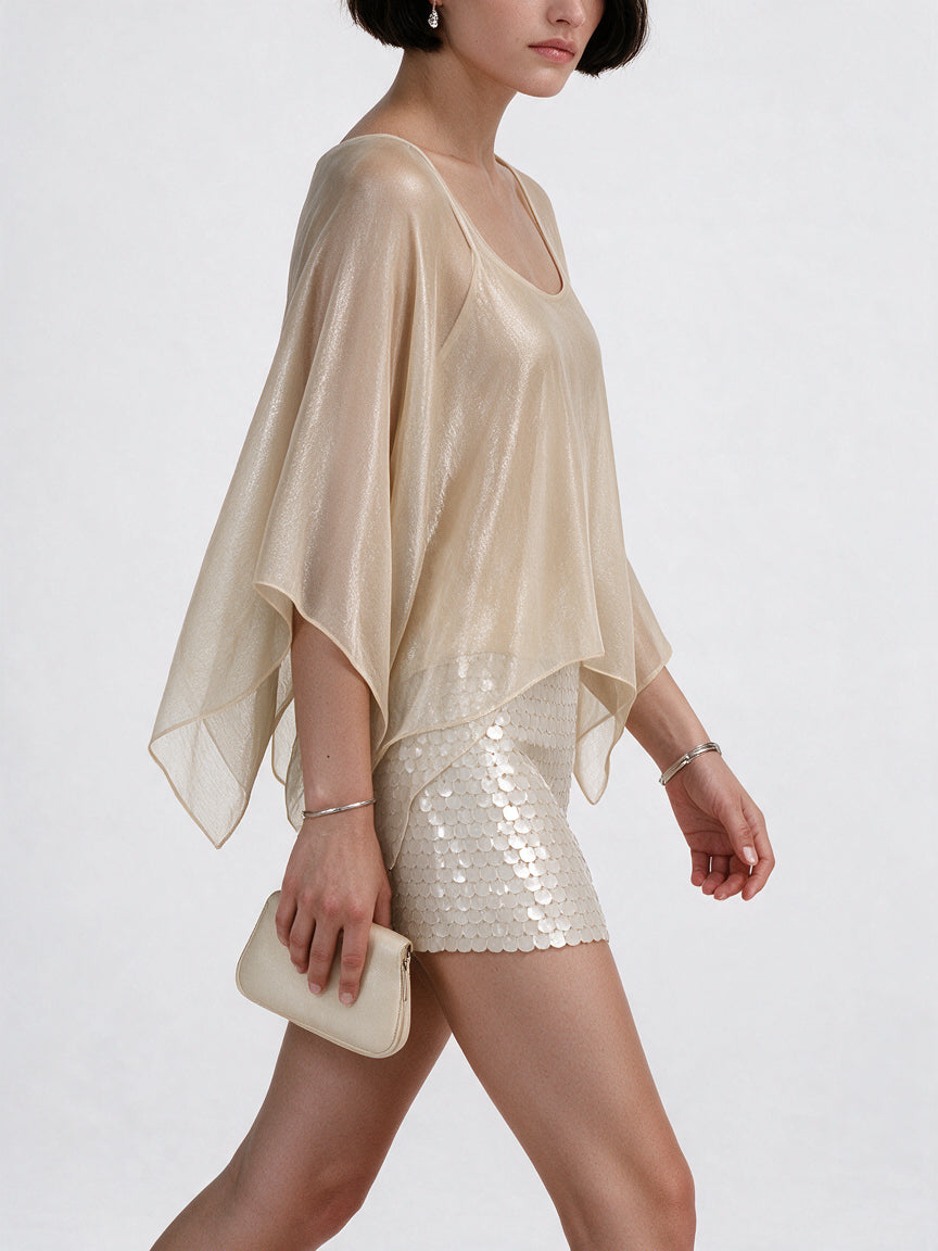 Valeria Draped Sequin Skirt Set - Beige — model side detail