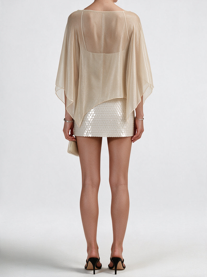 Valeria Draped Sequin Skirt Set - Beige — model back view