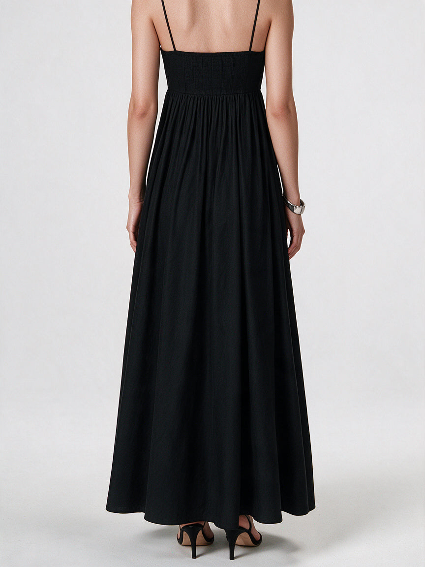 Valeria Empire Spaghetti Strap Maxi Dress - Black — model back view