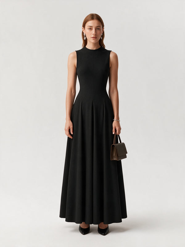 Valeria Flared High Neck Midi Dress - Black — model full body