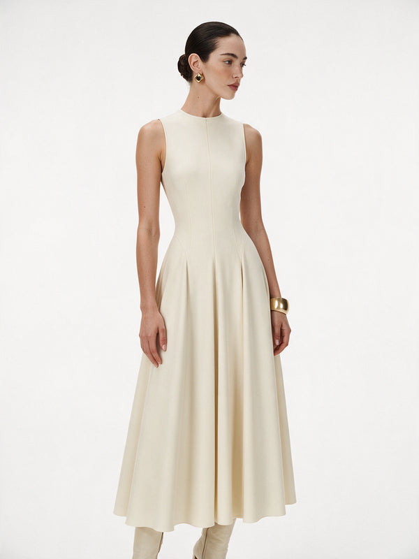 Valeria Flared High Neck Midi Dress - Ivory — model full body
