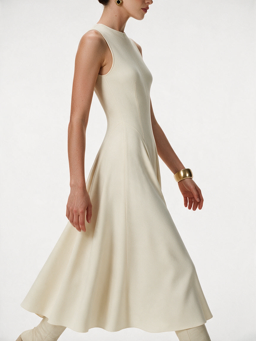 Valeria Flared High Neck Midi Dress - Ivory — model side detail