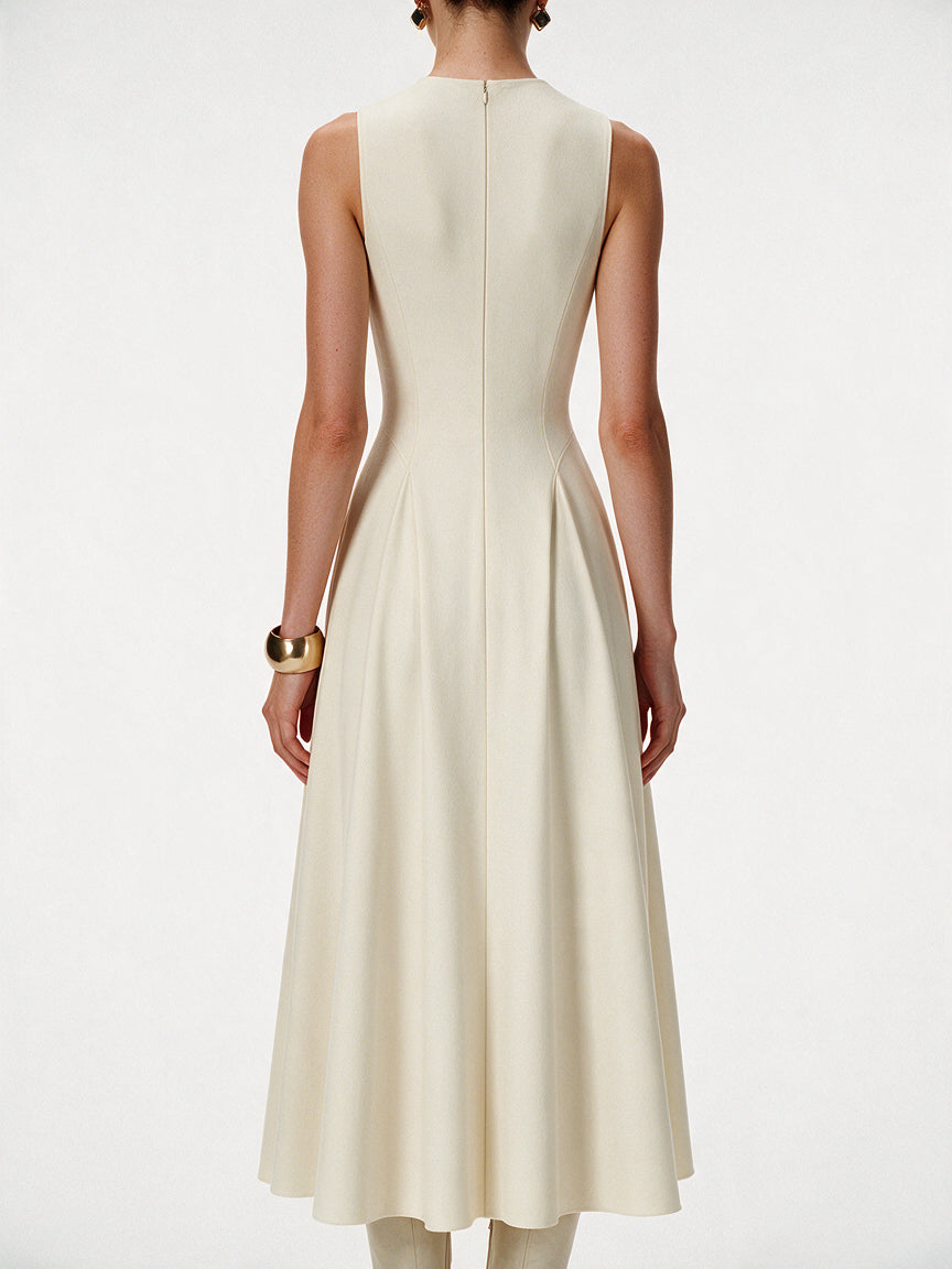 Valeria Flared High Neck Midi Dress - Ivory — model back view