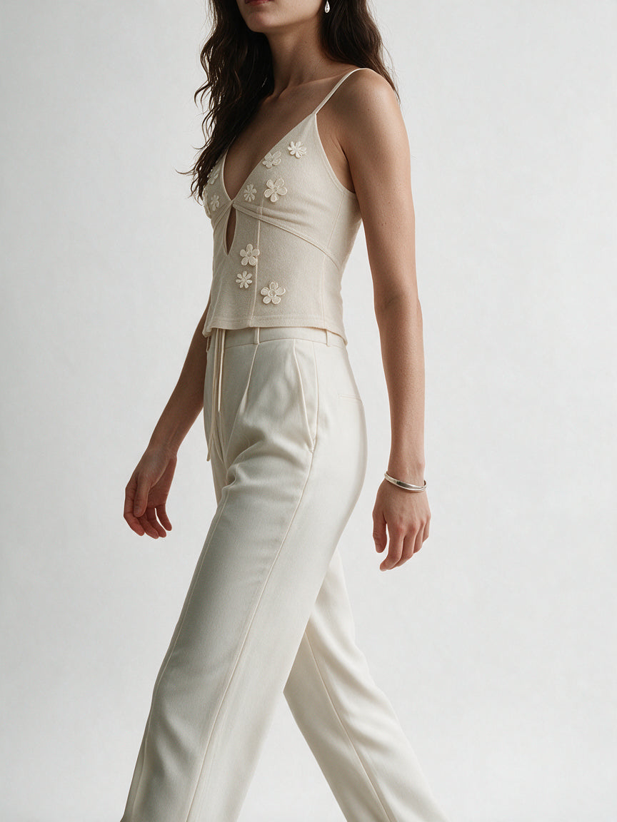 Valeria Floral Cut-Out Top - Butter — model side detail