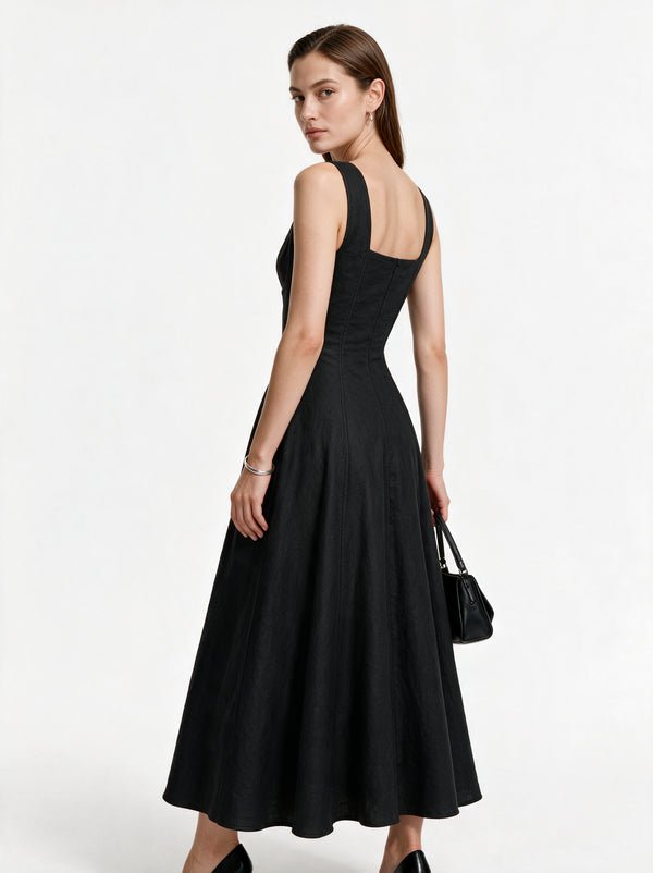 Valeria Gathered Square Neck Midi Dress - Black — model full body