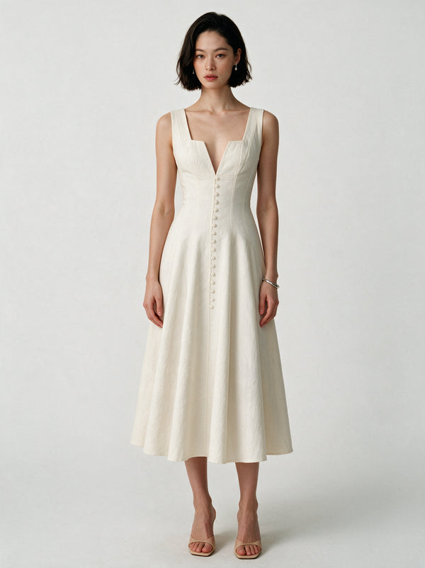 Valeria Gathered Square Neck Midi Dress - Ivory — model full body