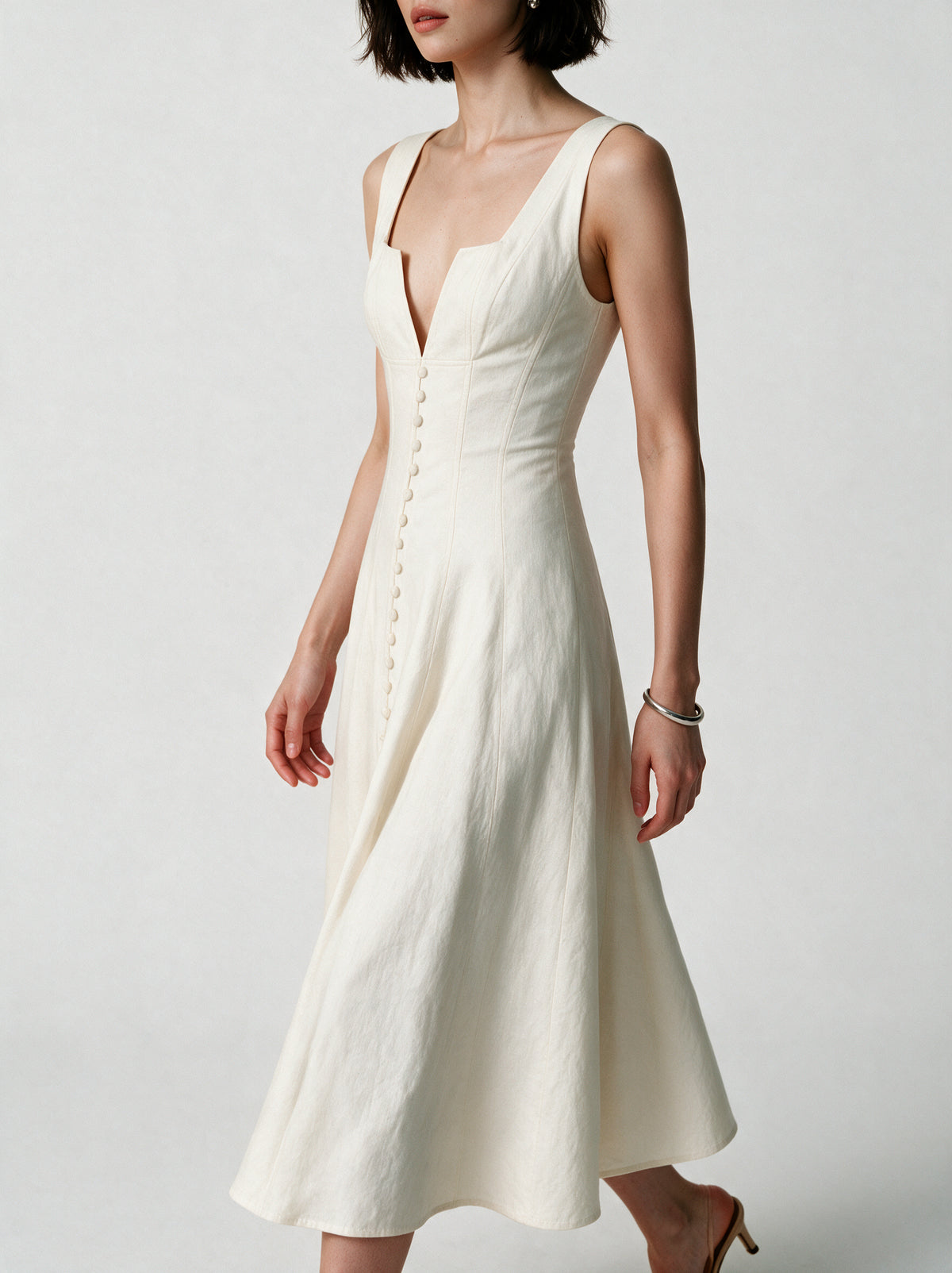 Valeria Gathered Square Neck Midi Dress - Ivory — model side detail