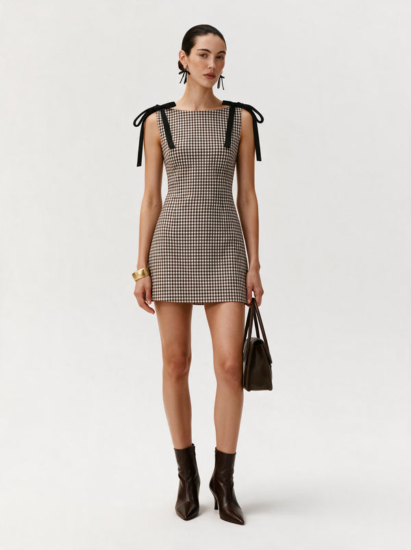 Valeria Gingham Tie Strap Mini Dress - Brown — model full body