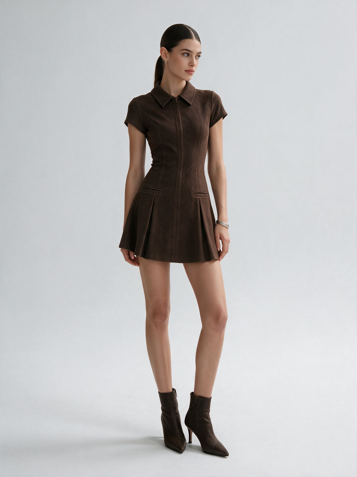 Valeria Heritage Shirt Mini Dress - Brown — model full body