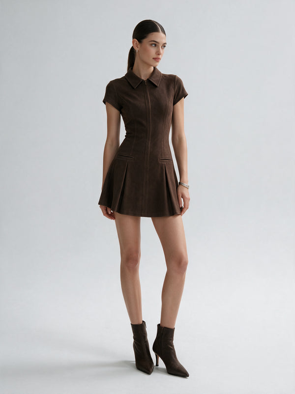 Valeria Heritage Shirt Mini Dress - Brown — model full body