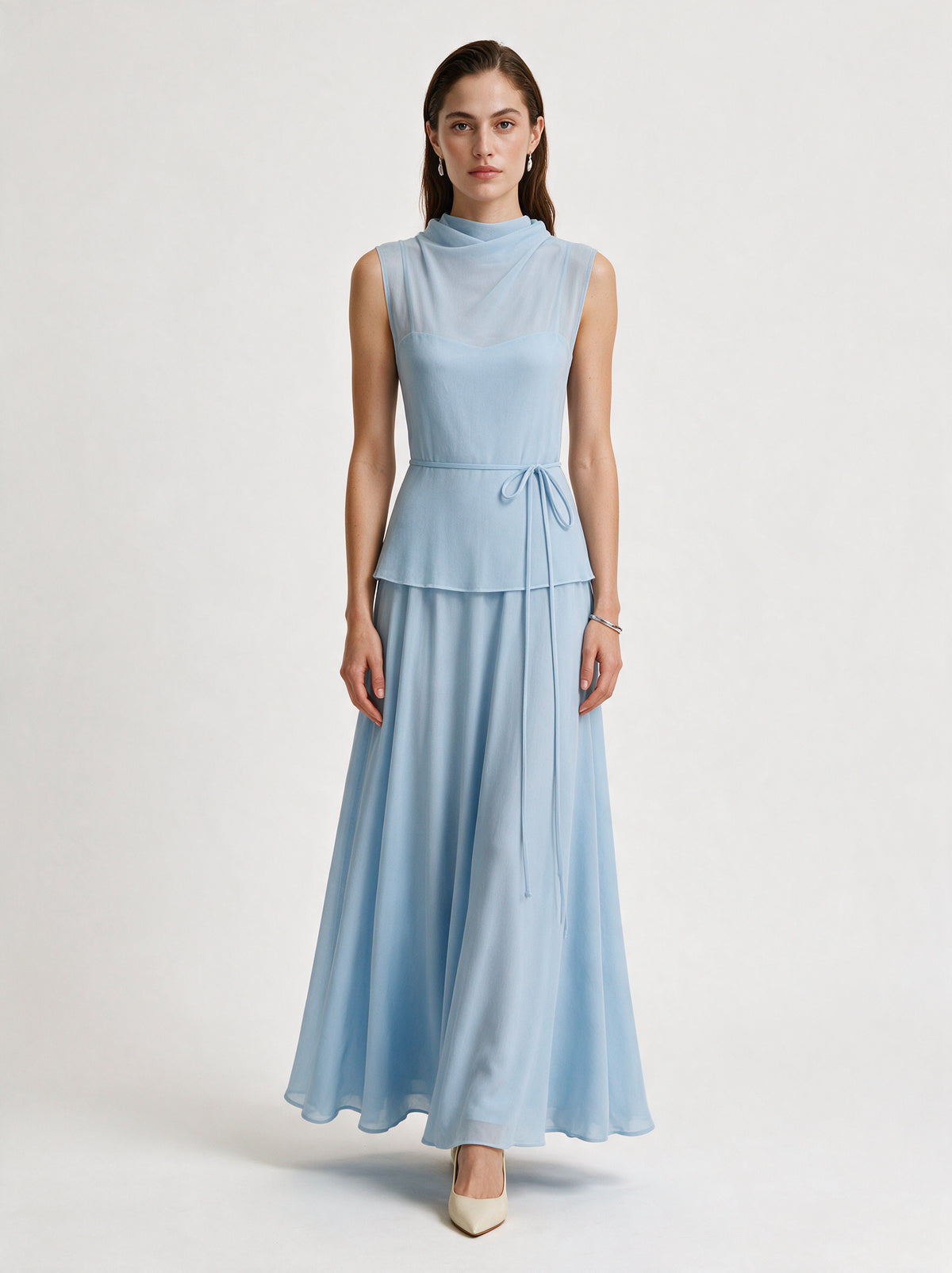 Valeria High Neck Flare Maxi Dress - Ice Blue — model full body