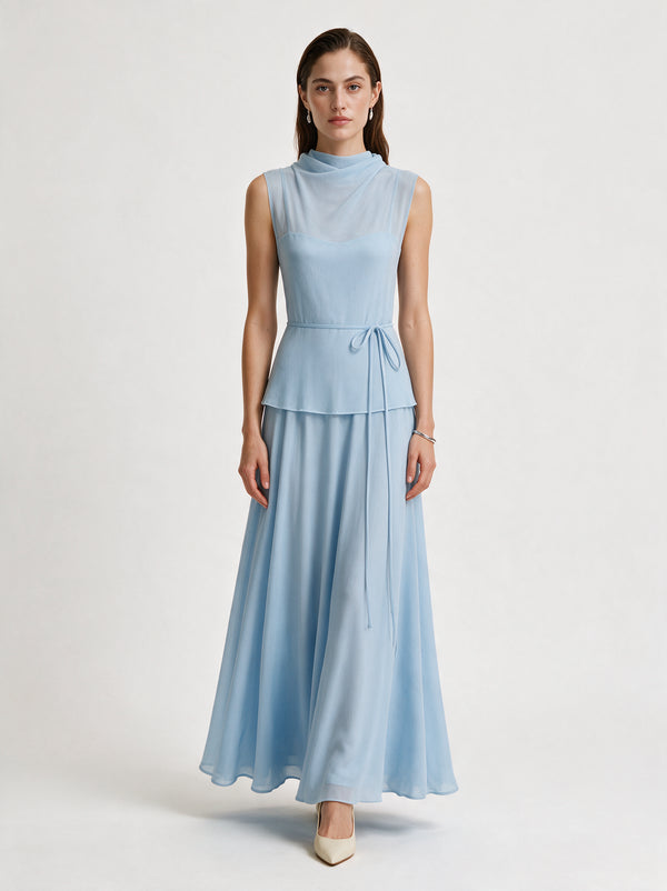 Valeria High Neck Flare Maxi Dress - Ice Blue — model full body