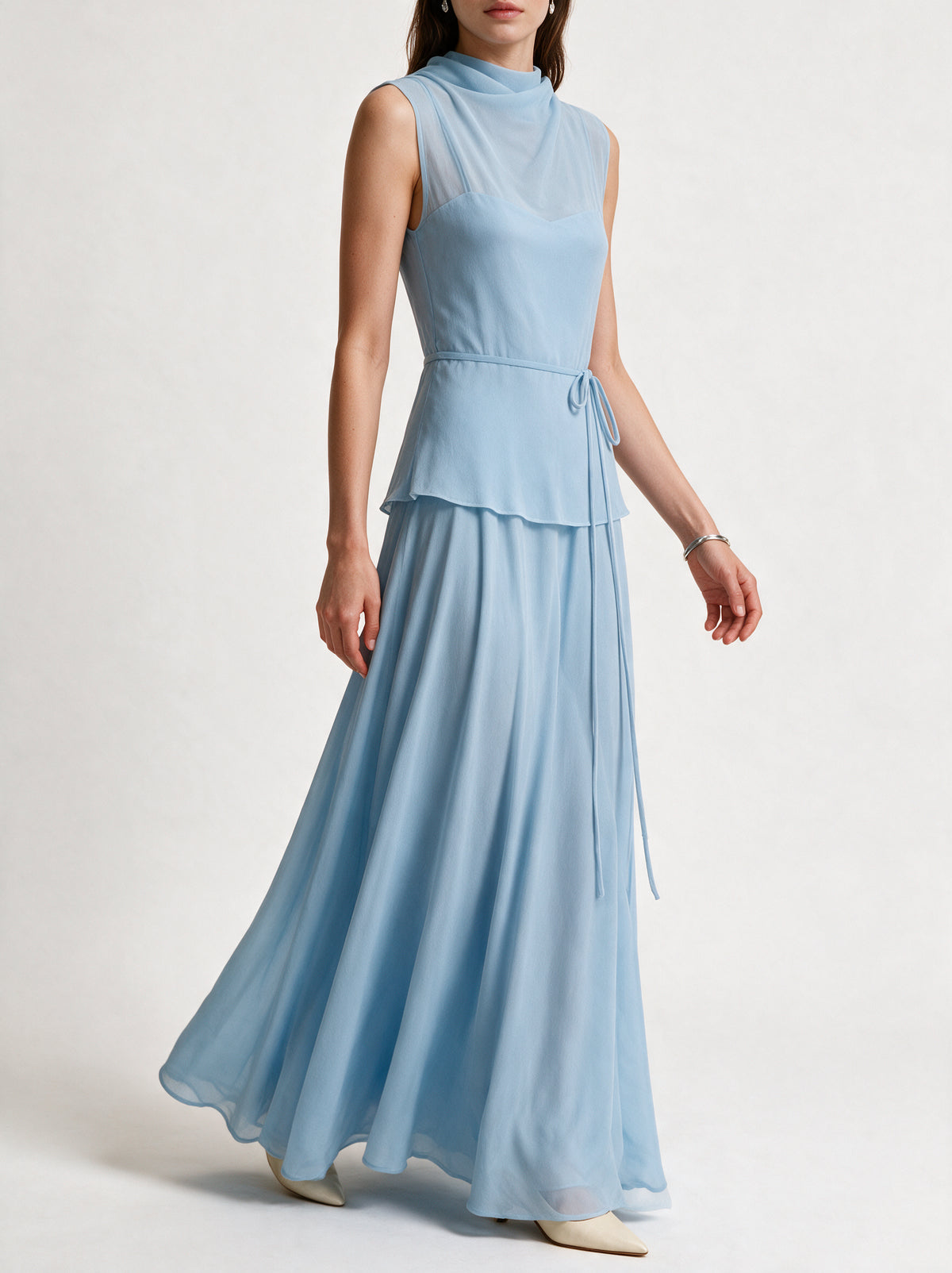 Valeria High Neck Flare Maxi Dress - Ice Blue — model side detail