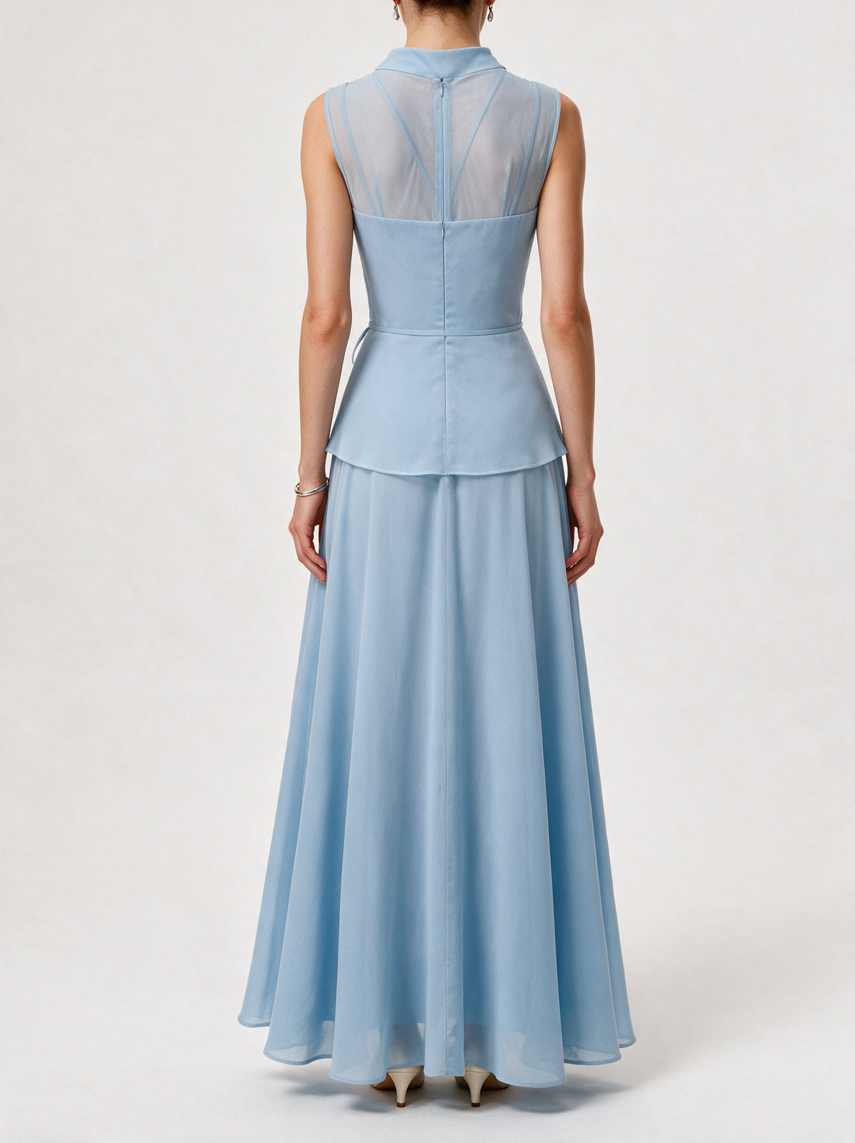 Valeria High Neck Flare Maxi Dress - Ice Blue — model back view