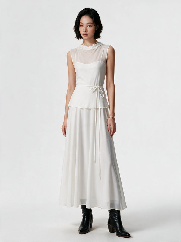 Valeria High Neck Flare Maxi Dress - White — model full body