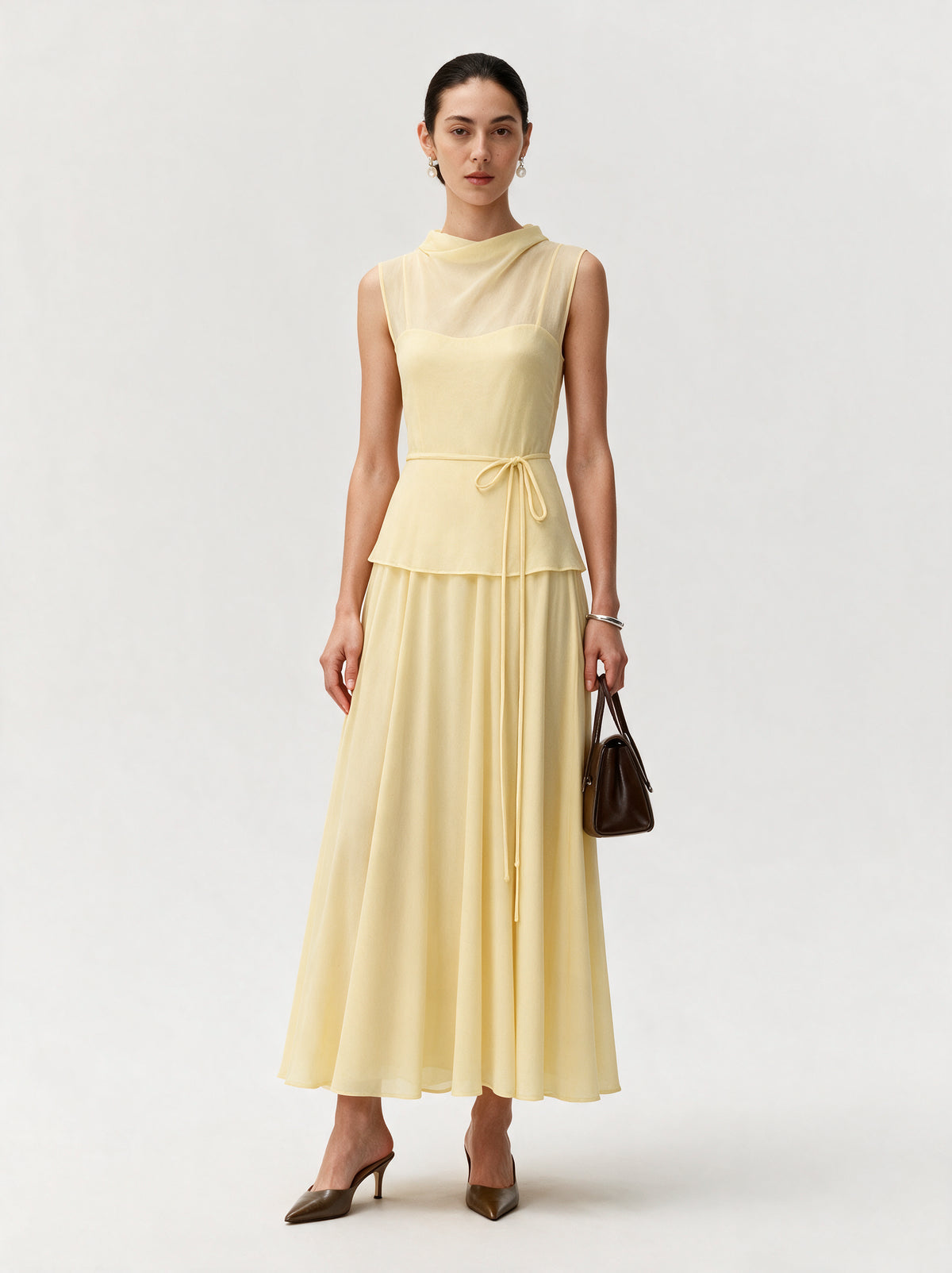 Valeria High Neck Flare Maxi Dress - Yellow — model full body