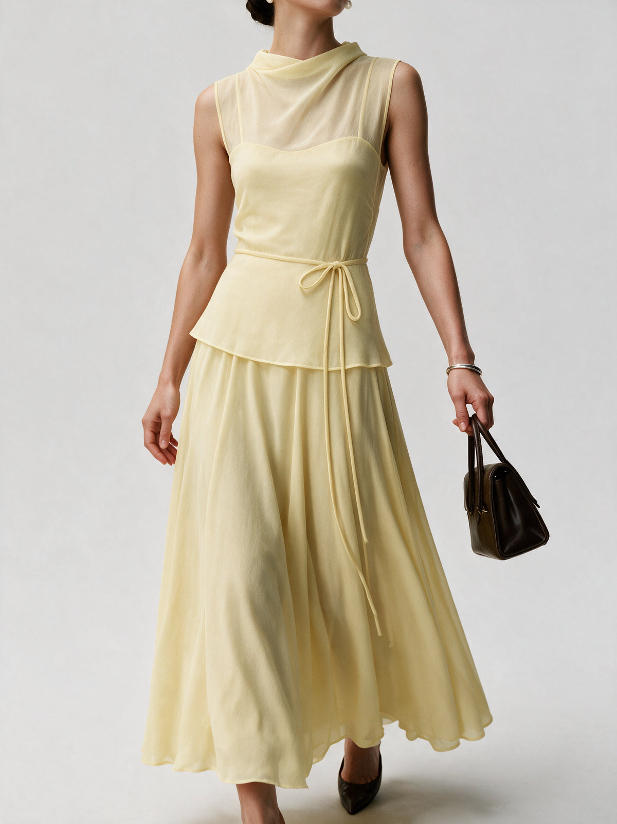 Valeria High Neck Flare Maxi Dress - Yellow — model side detail
