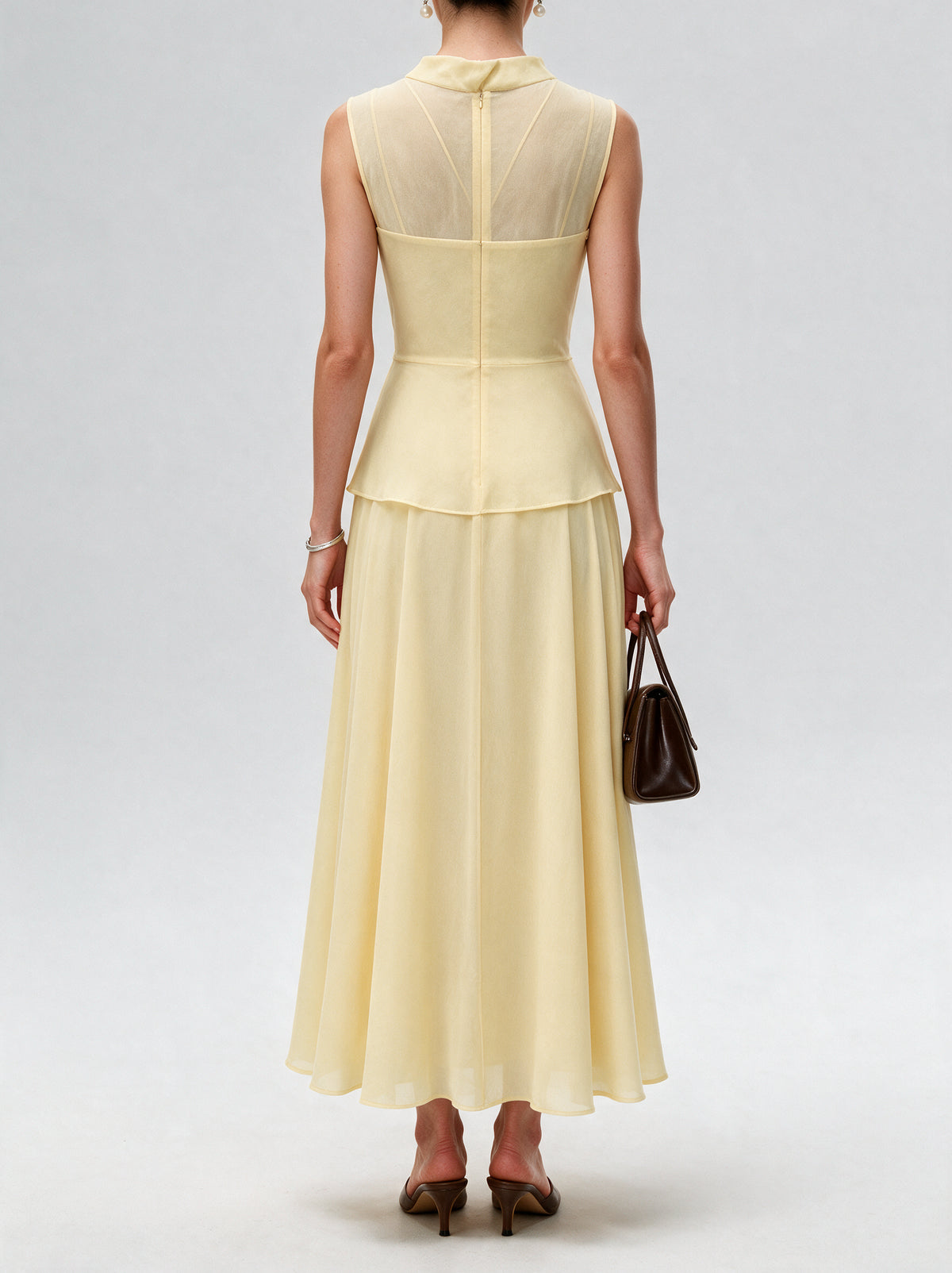 Valeria High Neck Flare Maxi Dress - Yellow — model back view