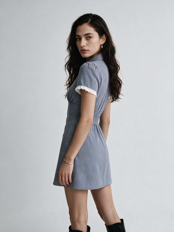 Valeria Lace Trim Shirt Mini Dress - Navy Blue — model full body