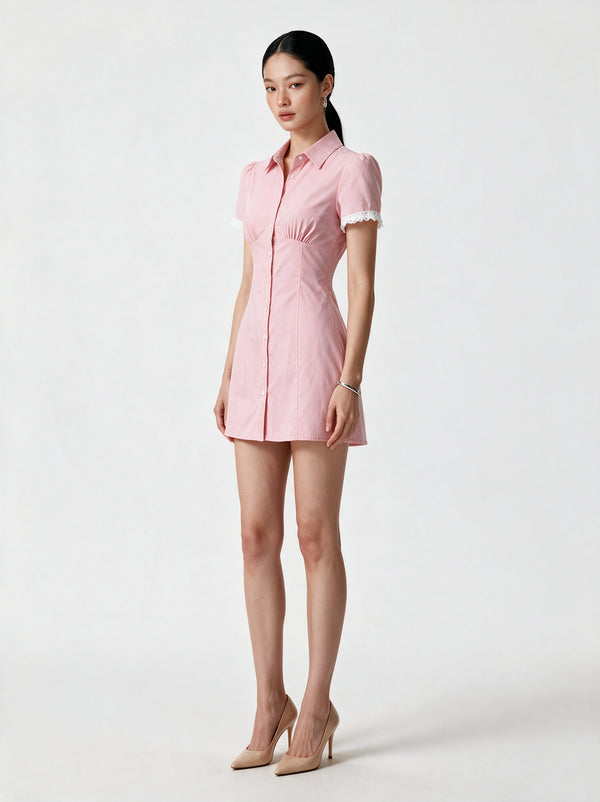 Valeria Lace Trim Shirt Mini Dress - Pink — model full body