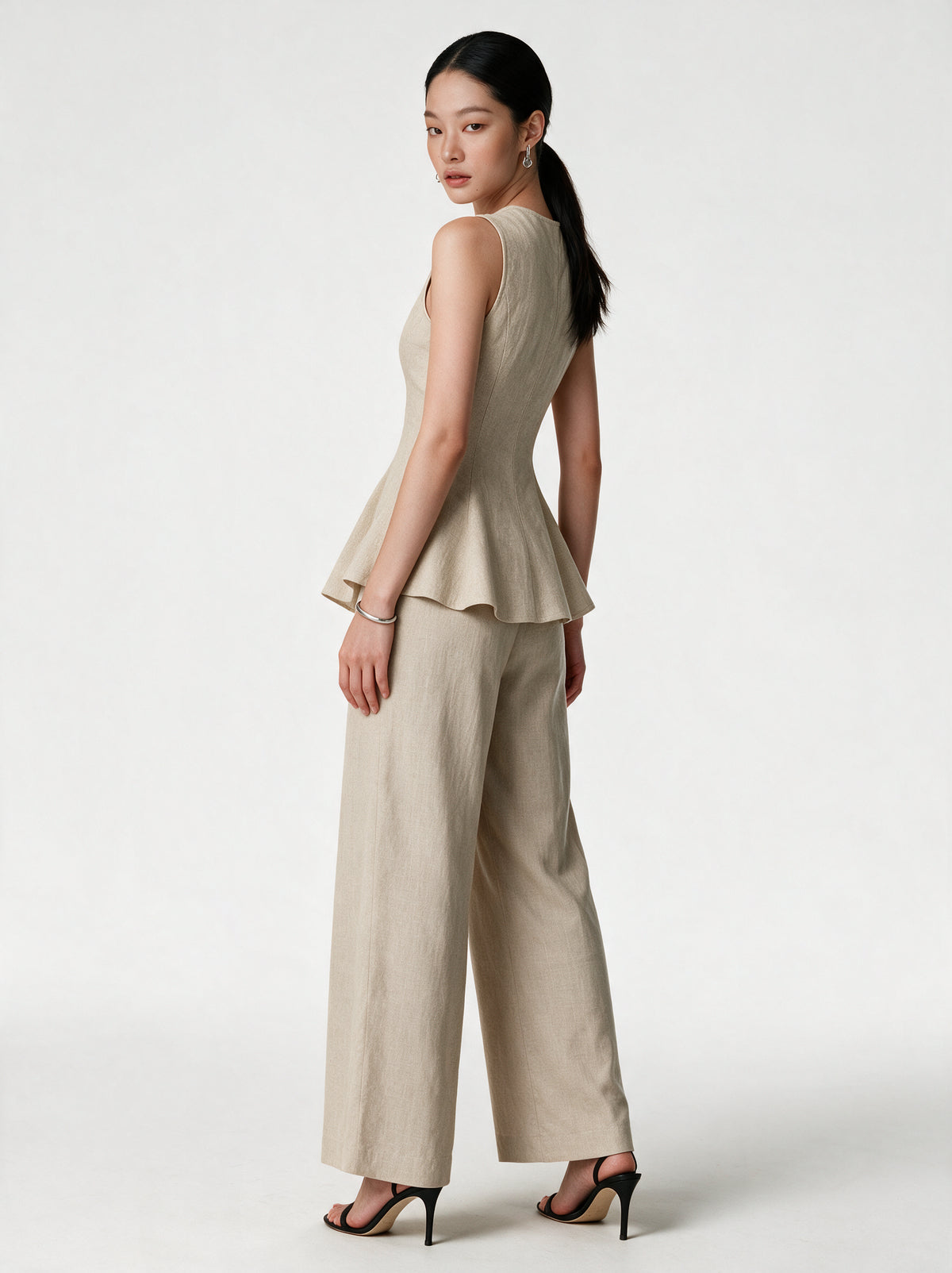 Valeria Linen Peplum Top - Warm Oat — model full body