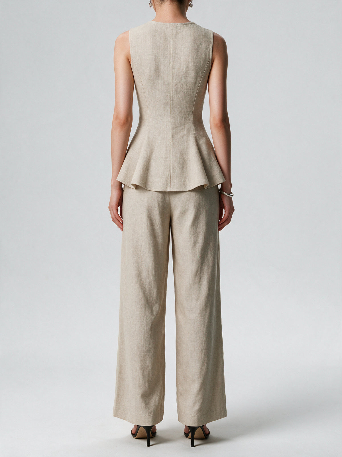 Valeria Linen Peplum Top - Warm Oat — model back view