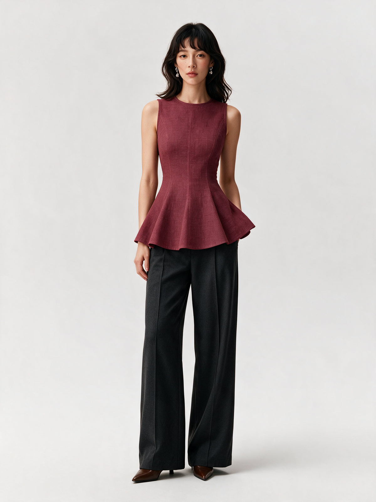 Valeria Linen Peplum Top - Deep Wine — model full body