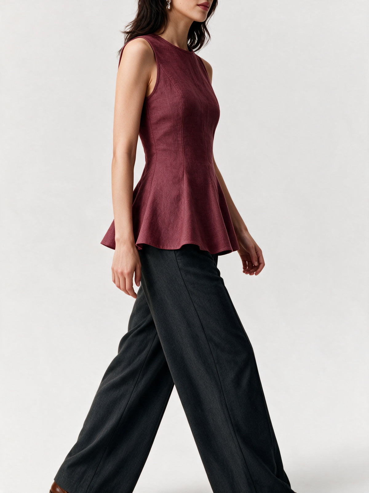 Valeria Linen Peplum Top - Deep Wine — model side detail