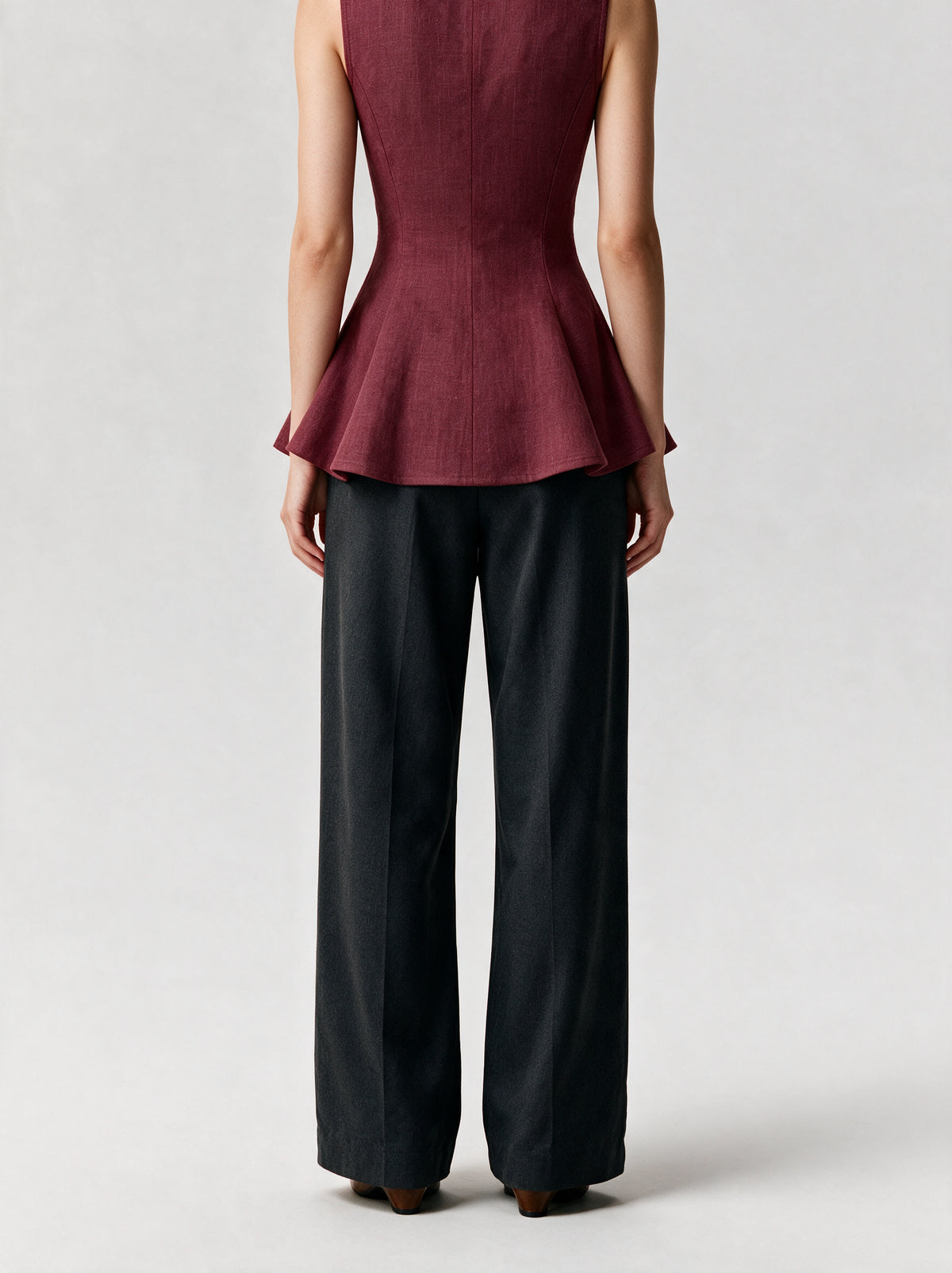 Valeria Linen Peplum Top - Deep Wine — model back view